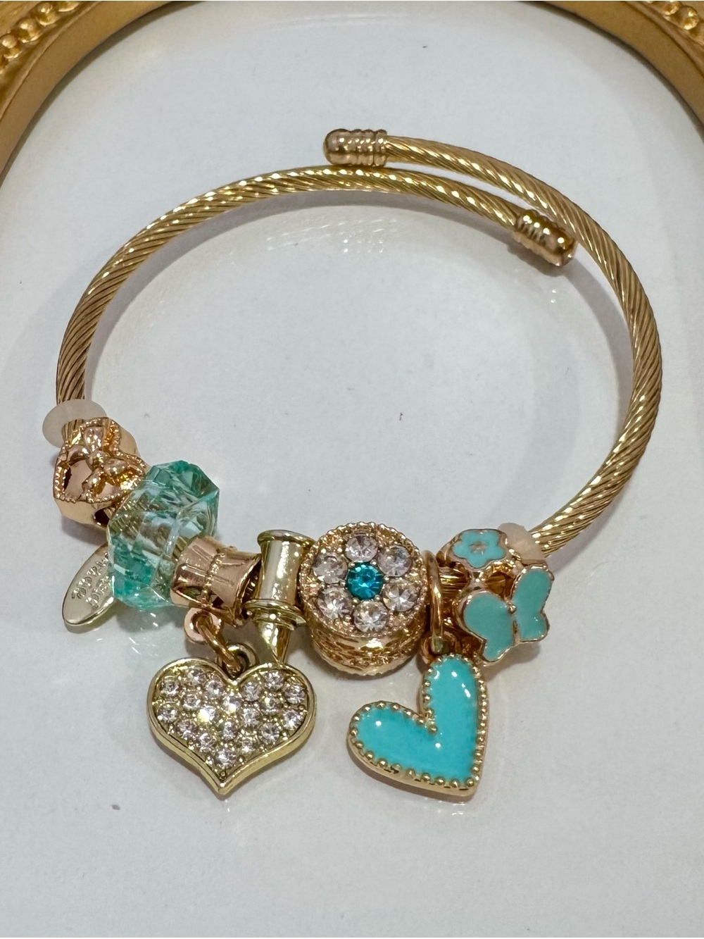New Gold-Tone Turquoise Charm Bangle Bracelet with Crystal Hearts